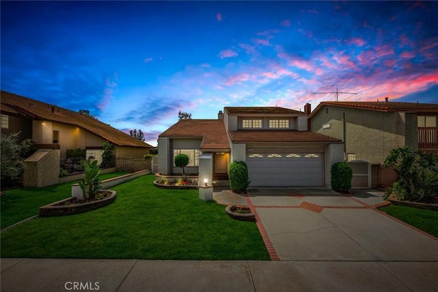 25 Bennington, Irvine, CA 92620 - view of front of home with an attached garage, a tile roof, stucco siding, a front lawn, and driveway