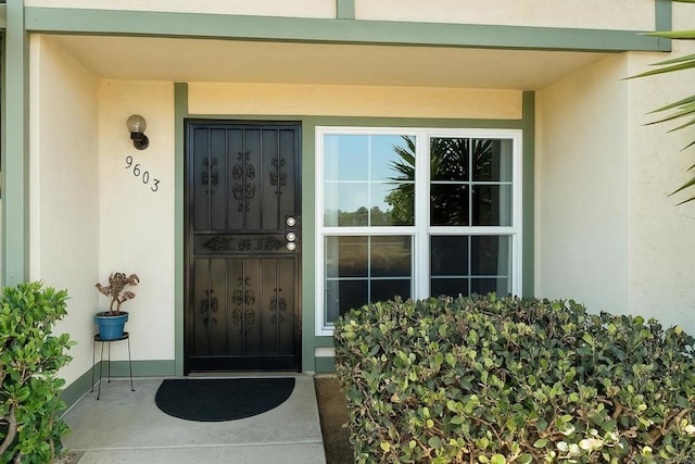view of exterior entry with stucco siding