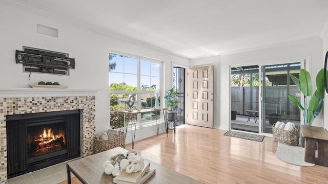 interior space with crown molding, a fireplace, and wood finished floors