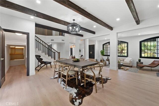 115 Buckskin Rd, Bell Canyon, CA 91307 - dining area with baseboards, light wood-style floors, stairs, beamed ceiling, and recessed lighting