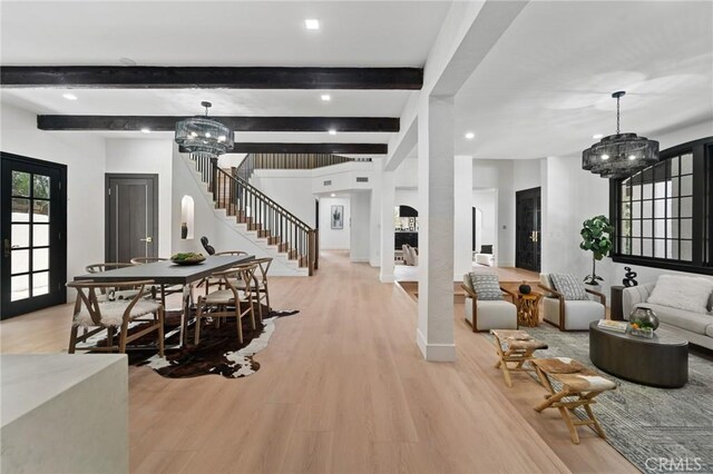 115 Buckskin Rd, Bell Canyon, CA 91307 - living room featuring a chandelier, stairs, light wood-style flooring, beamed ceiling, and recessed lighting