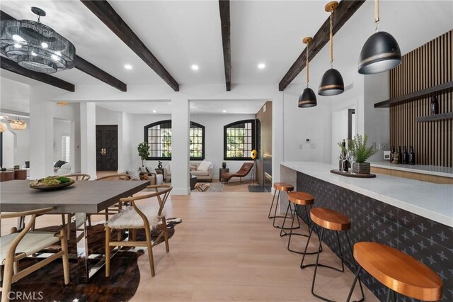 115 Buckskin Rd, Bell Canyon, CA 91307 - dining space with light wood finished floors, beam ceiling, recessed lighting, a chandelier, and baseboards