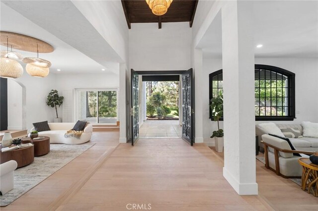 115 Buckskin Rd, Bell Canyon, CA 91307 - entryway featuring light wood-type flooring, recessed lighting, baseboards, and wooden ceiling