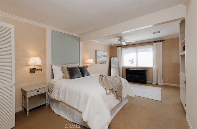 6528 Abbottswood Dr, Rancho Palos Verdes, CA 90275 - carpeted bedroom featuring ornamental molding, visible vents, baseboards, and ceiling fan