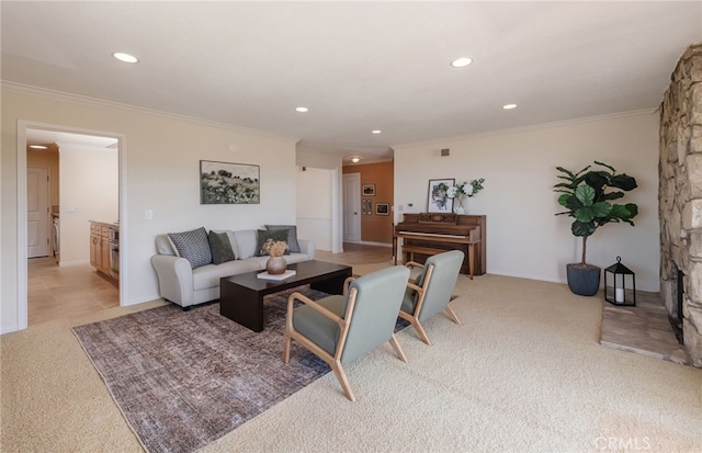 6528 Abbottswood Dr, Rancho Palos Verdes, CA 90275 - living room featuring light carpet, baseboards, ornamental molding, and recessed lighting