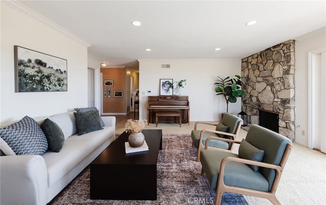 6528 Abbottswood Dr, Rancho Palos Verdes, CA 90275 - carpeted living area featuring a fireplace, ornamental molding, visible vents, and recessed lighting