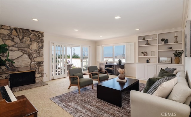6528 Abbottswood Dr, Rancho Palos Verdes, CA 90275 - living room featuring ornamental molding, recessed lighting, carpet flooring, and a fireplace