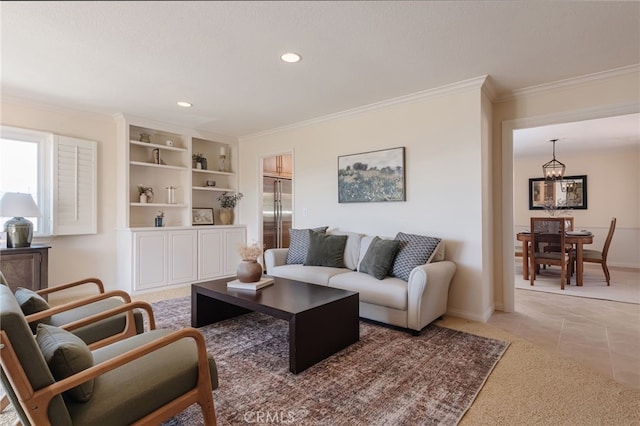 6528 Abbottswood Dr, Rancho Palos Verdes, CA 90275 - living area with baseboards, a notable chandelier, ornamental molding, recessed lighting, and light tile patterned flooring