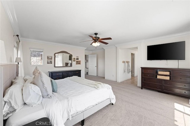 bedroom with light carpet, a ceiling fan, and crown molding