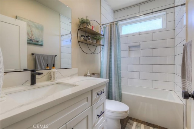 full bathroom featuring vanity, shower / tub combo, wood finished floors, and toilet
