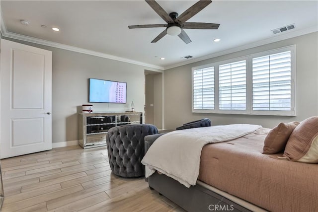 2454 Nova Way, Corona, CA 92883 - bedroom featuring crown molding, light wood-type flooring, recessed lighting, baseboards, and a ceiling fan
