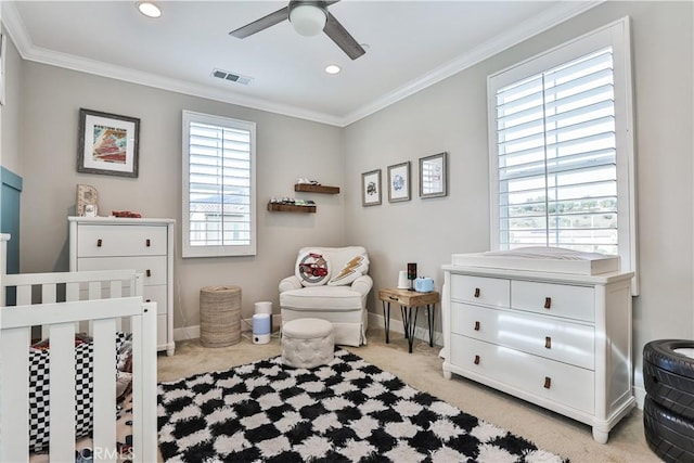 bedroom with light carpet, recessed lighting, baseboards, visible vents, and ornamental molding