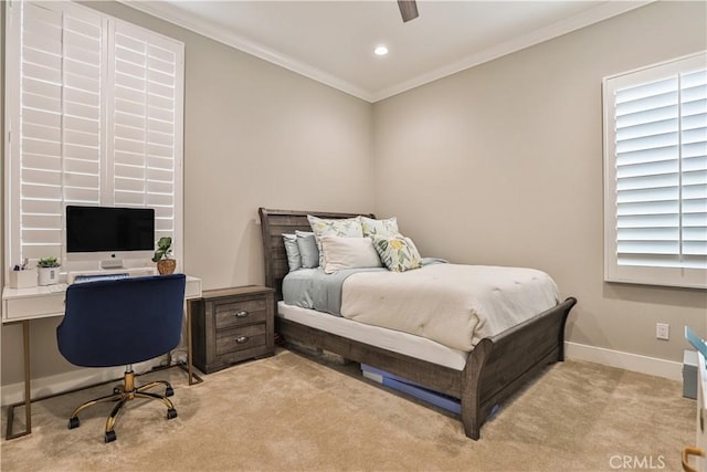 2454 Nova Way, Corona, CA 92883 - bedroom with ornamental molding, light colored carpet, baseboards, an office area, and ceiling fan