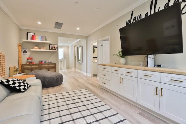 2454 Nova Way, Corona, CA 92883 - living room with crown molding, light wood-style floors, recessed lighting, and baseboards