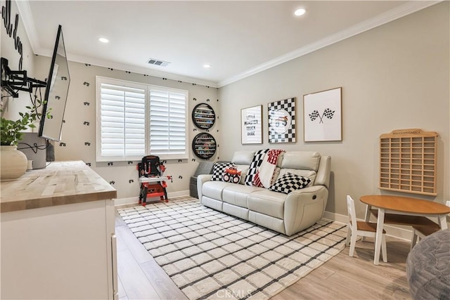 2454 Nova Way, Corona, CA 92883 - living area with ornamental molding, light wood finished floors, baseboards, and recessed lighting
