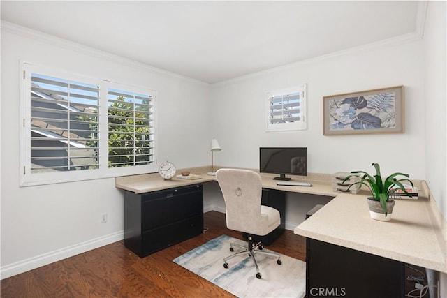 8 Carey Ct, Aliso Viejo, CA 92656 - office area with baseboards, ornamental molding, and dark wood-style floors