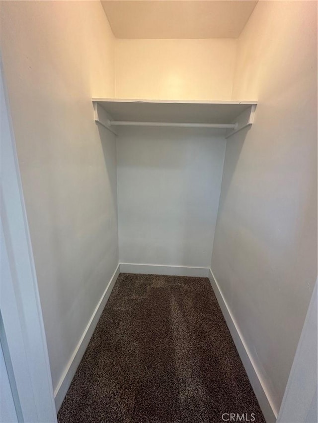 walk in closet with dark carpet