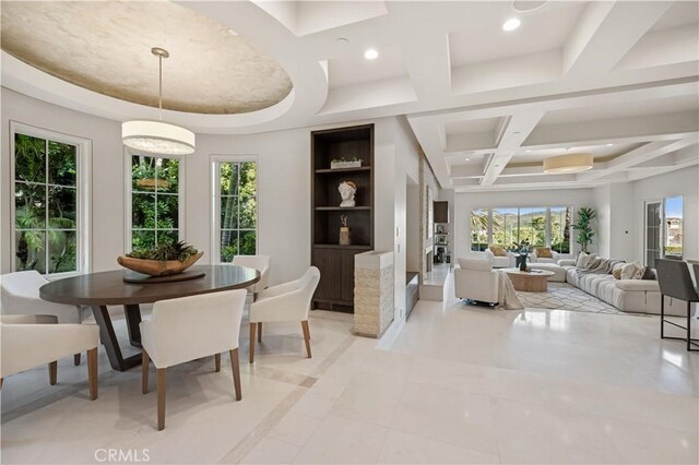 9 Shoreridge, Newport Coast, CA 92657 - dining room with beam ceiling, recessed lighting, and coffered ceiling