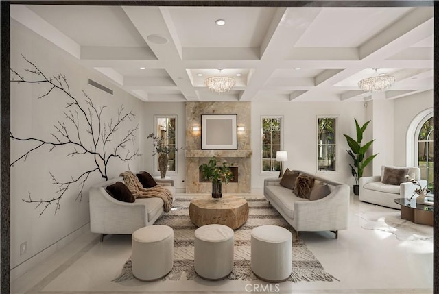 9 Shoreridge, Newport Coast, CA 92657 - living room featuring a chandelier, recessed lighting, beam ceiling, and coffered ceiling
