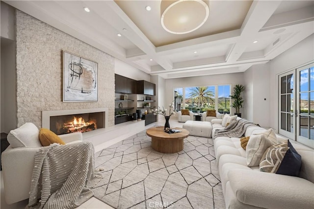9 Shoreridge, Newport Coast, CA 92657 - living area with coffered ceiling, a high end fireplace, beam ceiling, and recessed lighting