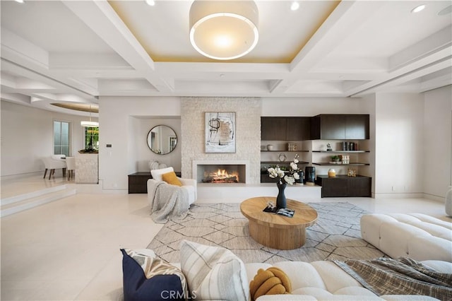 9 Shoreridge, Newport Coast, CA 92657 - living room with coffered ceiling, beamed ceiling, and a large fireplace
