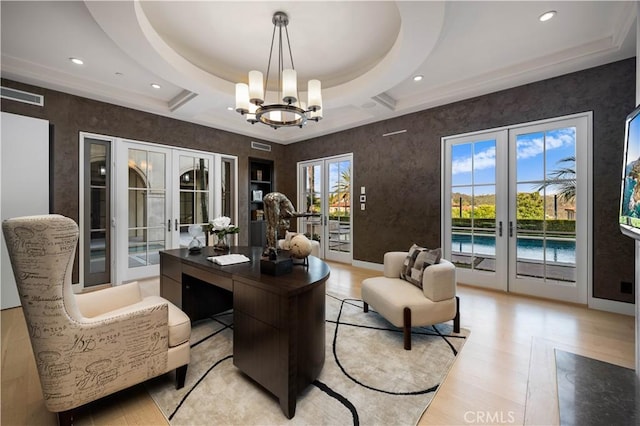 9 Shoreridge, Newport Coast, CA 92657 - office space featuring french doors, light wood-type flooring, a chandelier, and visible vents