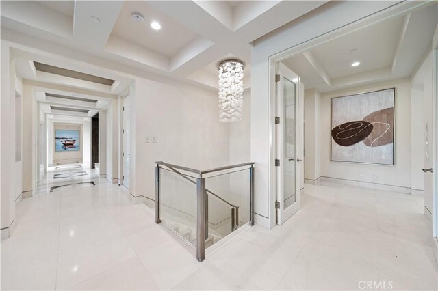 9 Shoreridge, Newport Coast, CA 92657 - corridor with coffered ceiling, baseboards, tile patterned flooring, and recessed lighting