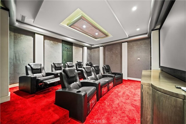 9 Shoreridge, Newport Coast, CA 92657 - home theater with a raised ceiling, visible vents, carpet, and recessed lighting