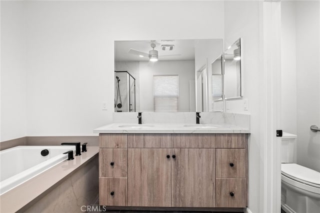 1373 Topanga Dr, San Marcos, CA 92069 - bathroom with double vanity, a bath, a shower stall, and a ceiling fan