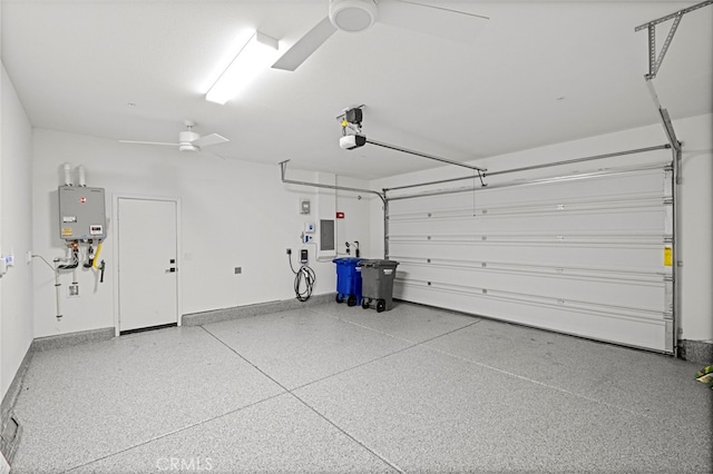 1373 Topanga Dr, San Marcos, CA 92069 - garage featuring ceiling fan, electric panel, water heater, and a garage door opener