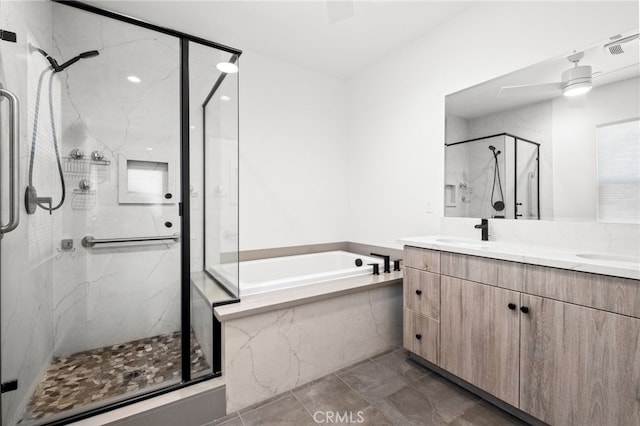 1373 Topanga Dr, San Marcos, CA 92069 - full bath with a marble finish shower, a bath, double vanity, and tile patterned floors