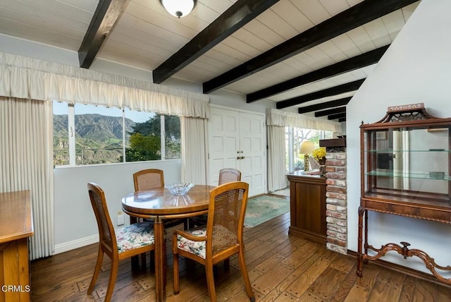 dining room featuring a mountain view, a wealth of natural light, and hardwood / wood-style floors