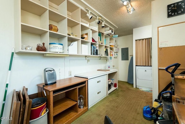 kitchen with a textured ceiling, light carpet, open shelves, and electric panel