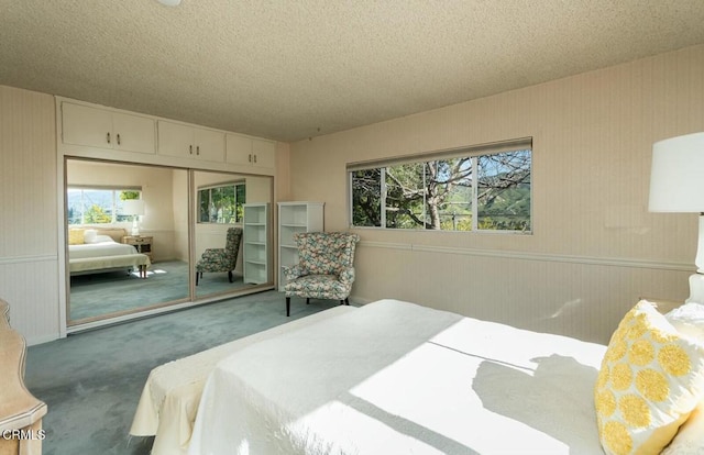 bedroom featuring a closet, carpet, multiple windows, and a textured ceiling