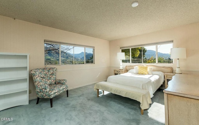 carpeted bedroom with a mountain view and a textured ceiling