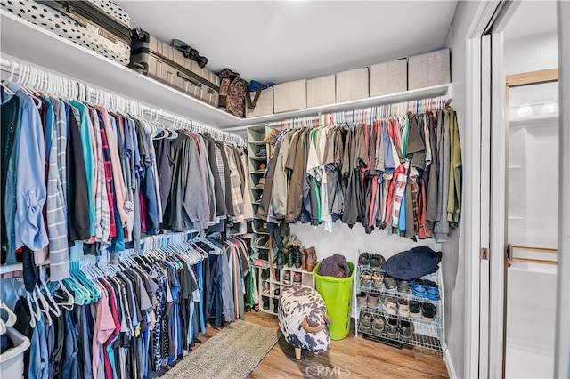 walk in closet with wood finished floors