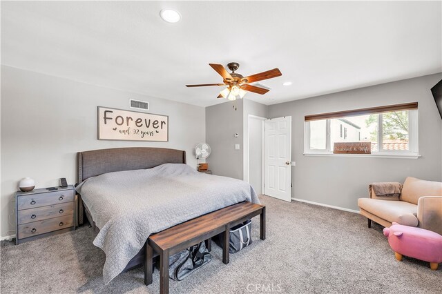 carpeted bedroom with recessed lighting, ceiling fan, and baseboards