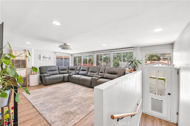 living room with wood finished floors and recessed lighting