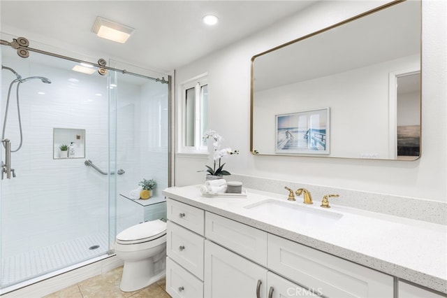 3012 W Oceanfront, Newport Beach, CA 92663 - bathroom with toilet, a stall shower, vanity, and tile patterned flooring