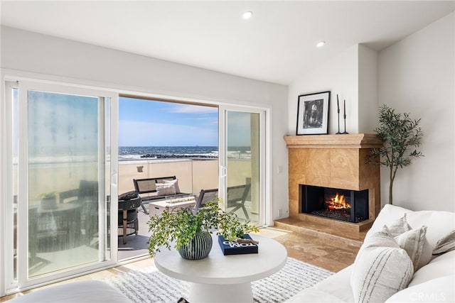 3012 W Oceanfront, Newport Beach, CA 92663 - living area featuring a fireplace, recessed lighting, and vaulted ceiling