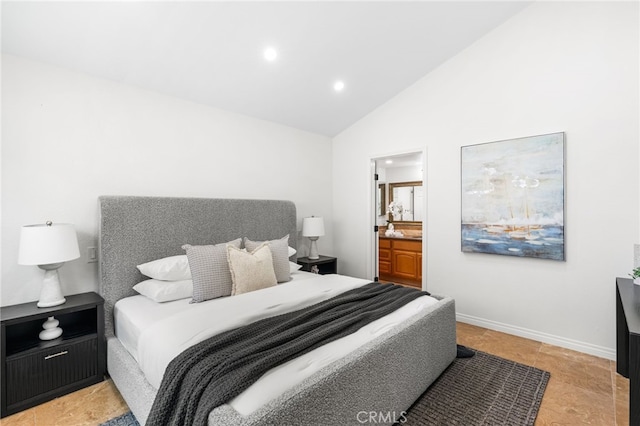 3012 W Oceanfront, Newport Beach, CA 92663 - bedroom with recessed lighting, ensuite bathroom, high vaulted ceiling, and baseboards