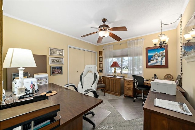 office featuring crown molding, a ceiling fan, and light carpet