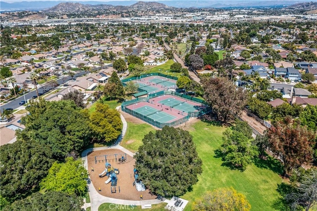 aerial view with a mountain view and a residential view