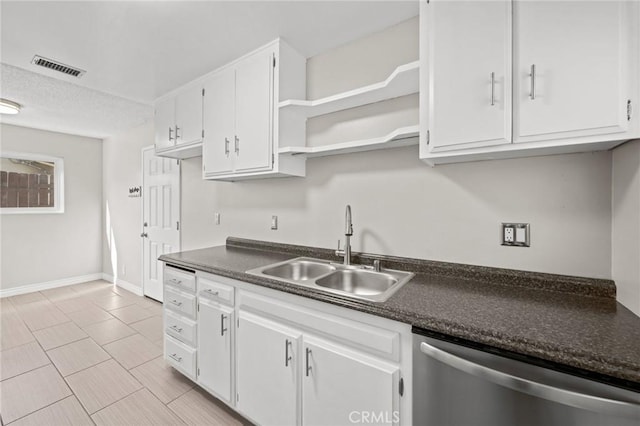 kitchen with white cabinetry, visible vents, dishwasher, a sink, and dark countertops