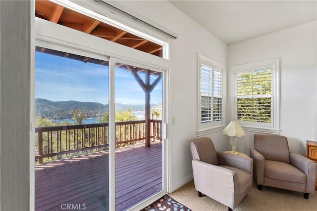 29083 Mammoth Dr, Lake Arrowhead, CA 92352 - doorway featuring healthy amount of natural light, a mountain view, and carpet