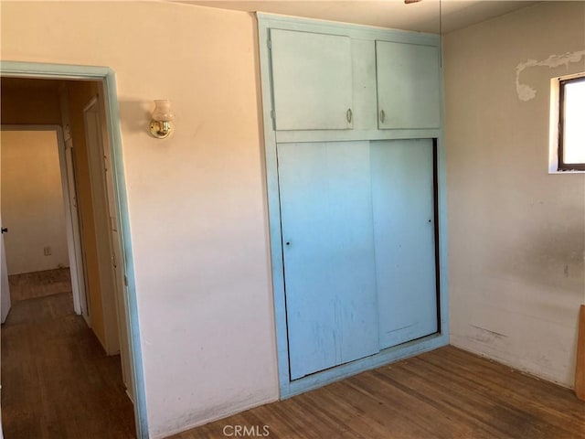 unfurnished bedroom featuring wood finished floors and a closet