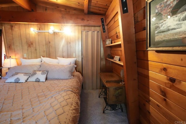 206 Cedar Ln, Sugarloaf, CA 92386 - carpeted bedroom with wooden ceiling, wood walls, and vaulted ceiling with beams