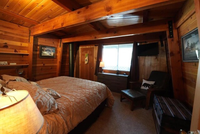 206 Cedar Ln, Sugarloaf, CA 92386 - carpeted bedroom with wooden walls, wood ceiling, and beam ceiling