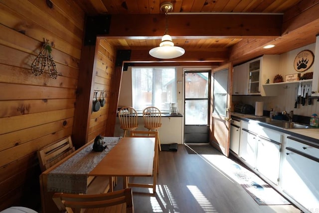 206 Cedar Ln, Sugarloaf, CA 92386 - kitchen featuring open shelves, white cabinetry, wood ceiling, dark wood-style flooring, and a sink