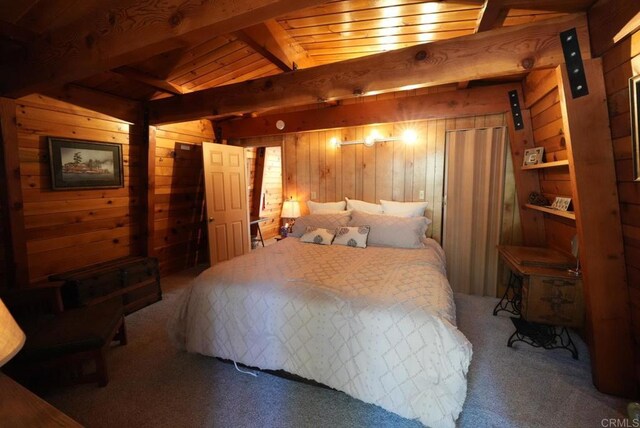206 Cedar Ln, Sugarloaf, CA 92386 - carpeted bedroom featuring wooden walls and lofted ceiling with beams